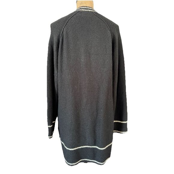 LUCKY BRAND Black Varsity-stripe Sweater Long Cardigan Coat Vneck Pockets SMALL - Picture 3 of 9